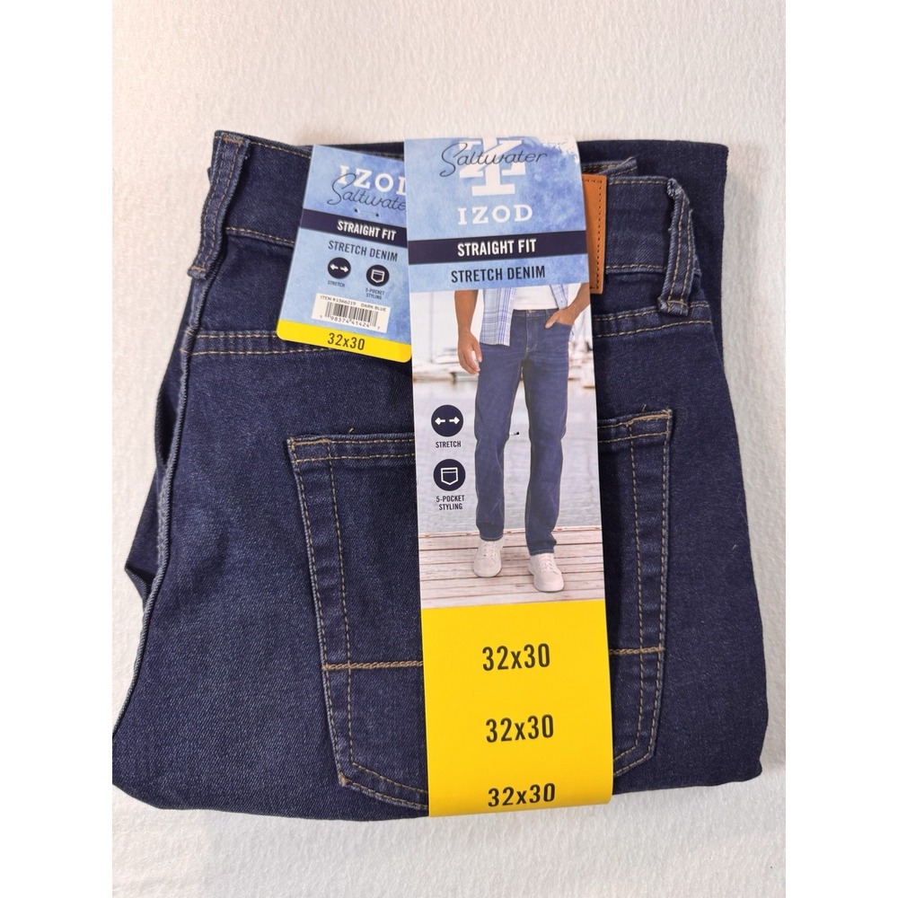 IZOD Saltwater Mens 32x30 Blue Straight Fit Comfort Stretch Jeans Casual NWT